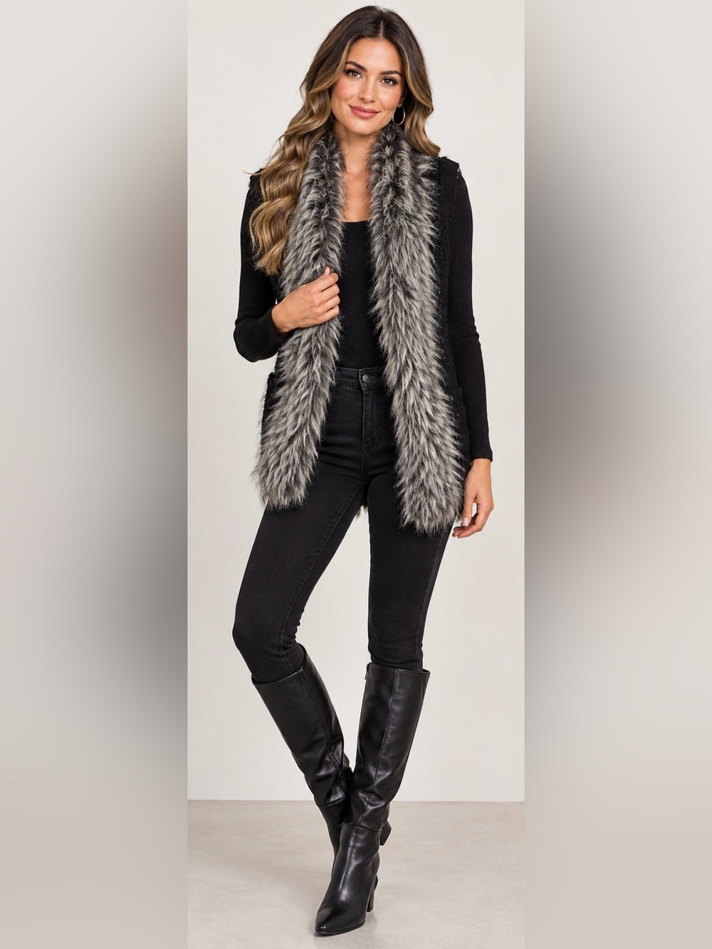 Jessica Simpson Faux Fox Fur Knit Sweater Vest Cardigan Black Women Small - Picture 1 of 9